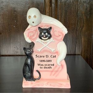 Scare D. Cat Pink Tombstone with Ghost and Black Cats Halloween Figurine
